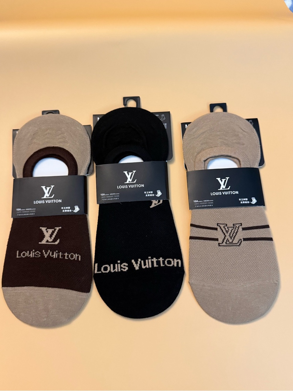 Designer No-Show low cut Socks 3 pairs Black, Brown, Beige small-medium New